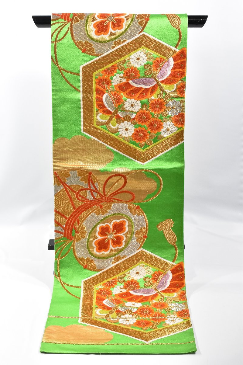 Vintage Obi, Japanese kimono belt,Authentic Silk Obi. flower,green,gold,Rokutsu,420cmX30.5cm gift