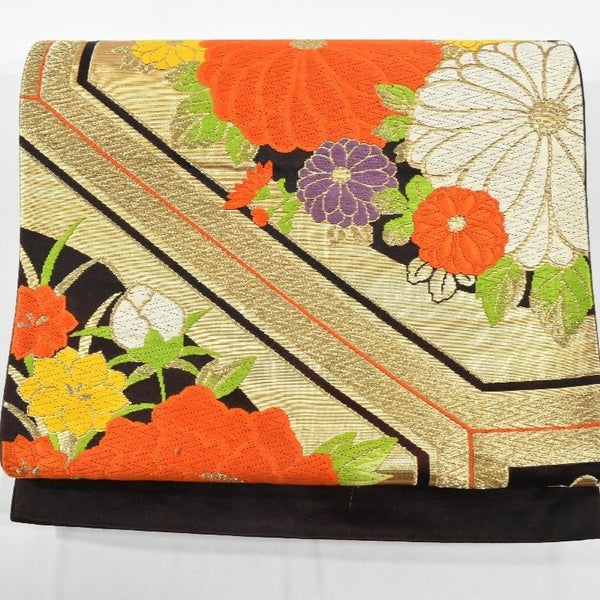 Vintage Obi, Japanese kimono belt, Authentic Silk Obi. flower,black,Rokutsu,422cmX30.5cm gift