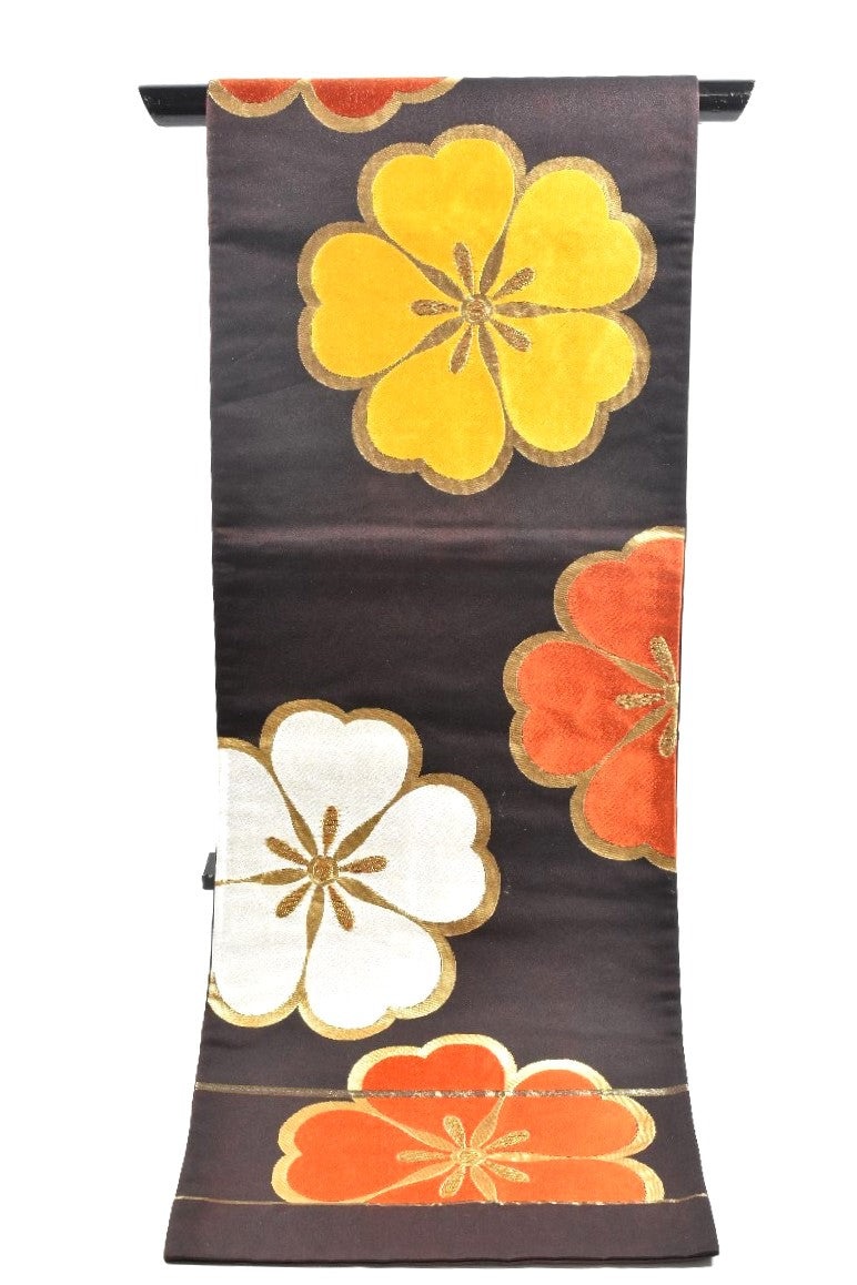 Vintage Obi, Japanese kimono belt, Authentic Silk Obi. flower,black,Rokutsu,430cmX31.0cm gift