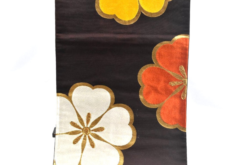 Vintage Obi, Japanese kimono belt, Authentic Silk Obi. flower,black,Rokutsu,430cmX31.0cm gift