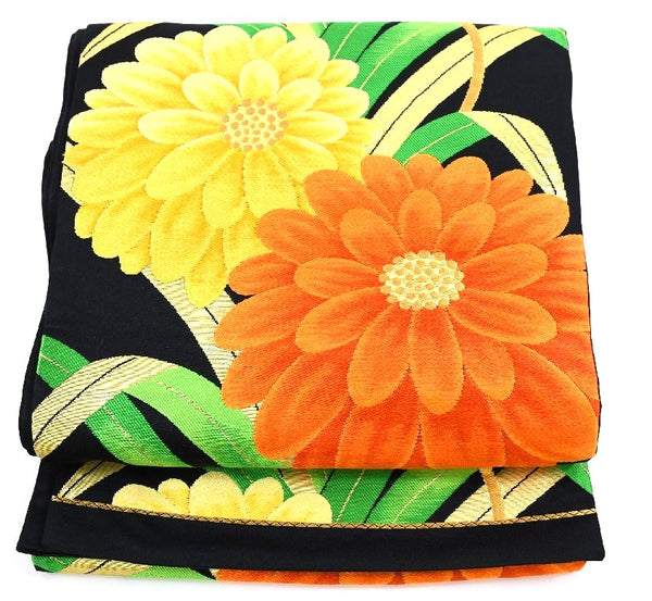 Vintage Obi, Japanese kimono belt, Authentic Silk Obi. Orange flower,black,Rokutsu,429c(168")mX30cm(11,81") gift