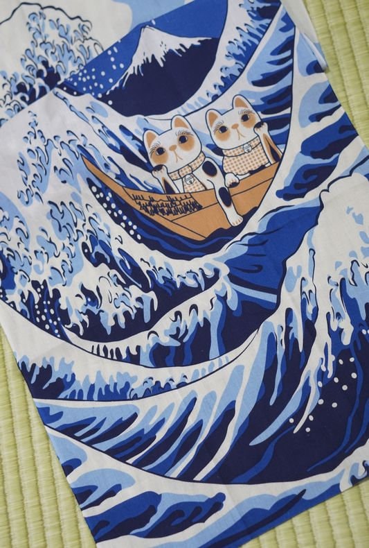 Manekineko_cat neko wave fuji,tenugui, japanese tenugui, japanese towel 35x90cm (13" x 35")
