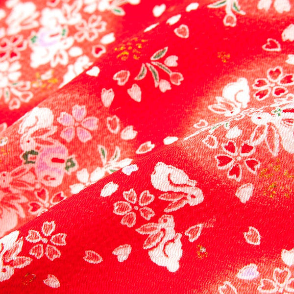Lucky bunnies in red,Japanese kimono fabric chirimen Gold Metallic Glitters