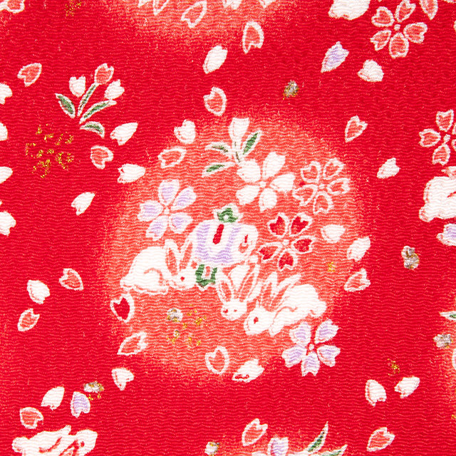Lucky bunnies in red,Japanese kimono fabric chirimen Gold Metallic Glitters