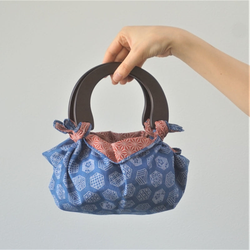 Reversible double sided Furoshiki Japanese Traditional Cotton Cloth 50cmX50cm Blue turtle shell pattern X Red asanoha