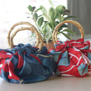 Furoshiki Japanese Traditional Cotton Cloth 48cm (18.9")red + Bamboo ring Yumeji's Tsubaki,gift