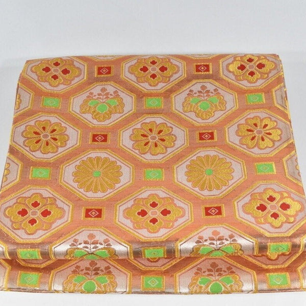 Vintage Obi, Japanese kimono belt,Authentic Silk Obi. Gold,pink,flower,Rokutsu,427X31cm gift