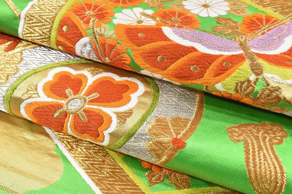 Vintage Obi, Japanese kimono belt,Authentic Silk Obi. flower,green,gold,Rokutsu,420cmX30.5cm gift