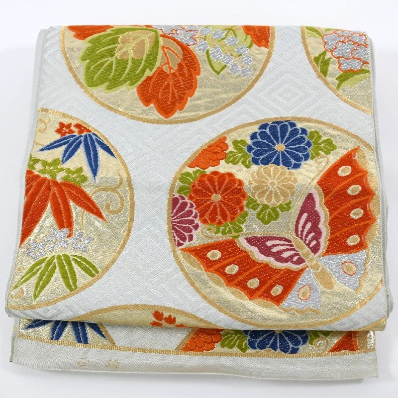 Vintage Obi, Japanese kimono belt, Authentic Silk Obi. silver,Rokutsu,white orange 424cm(166") X30.6cm (11.96") gift