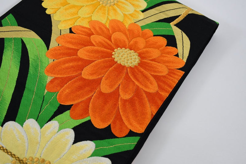 Vintage Obi, Japanese kimono belt, Authentic Silk Obi. Orange flower,black,Rokutsu,429c(168")mX30cm(11,81") gift