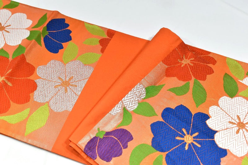 Vintage Obi, Japanese kimono belt, Authentic Silk Obi. flower,black,Rokutsu,422cmX30.8cm gift