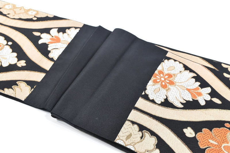 Vintage Obi, Japanese kimono belt, Authentic Silk Obi. flower,black,Rokutsu,420cmX31cm gift