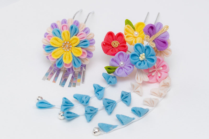 Kanzashi Flower hair stick Tsumami Zaiku Chirimen  Japanese accessory (blue) 2 set