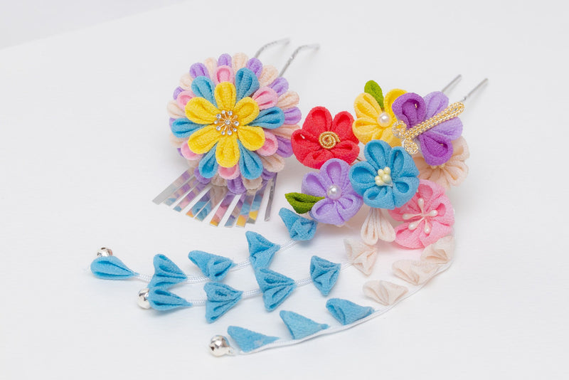 Kanzashi Flower hair stick Tsumami Zaiku Chirimen  Japanese accessory (blue) 2 set