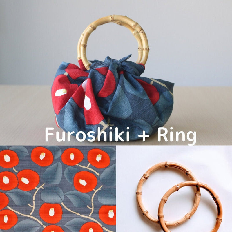 Furoshiki Japanese Traditional Cotton Cloth 48cm (18.9")green + Bamboo ring Yumeji's Tsubaki,gift