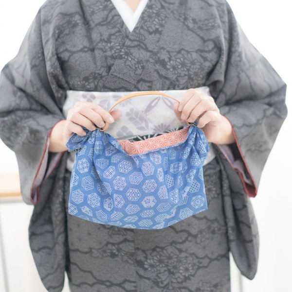 Belt and Reversible two sided/double sided Furoshiki Japanese Traditional Cotton Cloth 50cm(19.60") Blue turtle shell pattern X Red asanoha