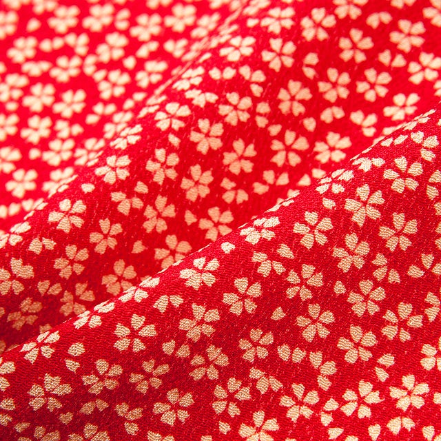 Hitokoshi Chirimen kimono fabric tiny cherry blossom on red