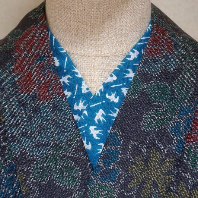 Stock ONLY Han eri Cotton washable 17x90cm (6" x 35").. -Swallow blue,for kimono,Yukata