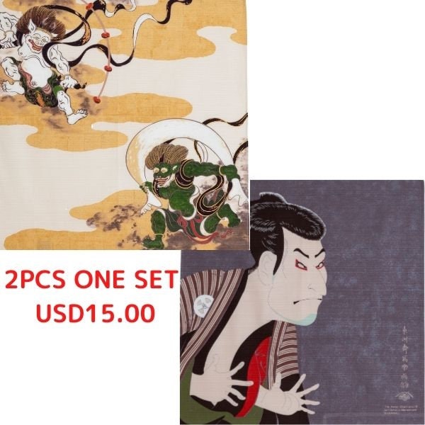 TWO Furoshiki Japanese Traditional Cotton Cloth 50cmX50cm Fujin and Raijin/Toshukai sharaku