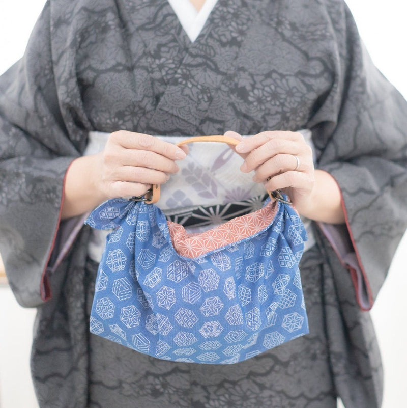 Reversible double sided Furoshiki Japanese Traditional Cotton Cloth 50cmX50cm Blue turtle shell pattern X Red asanoha